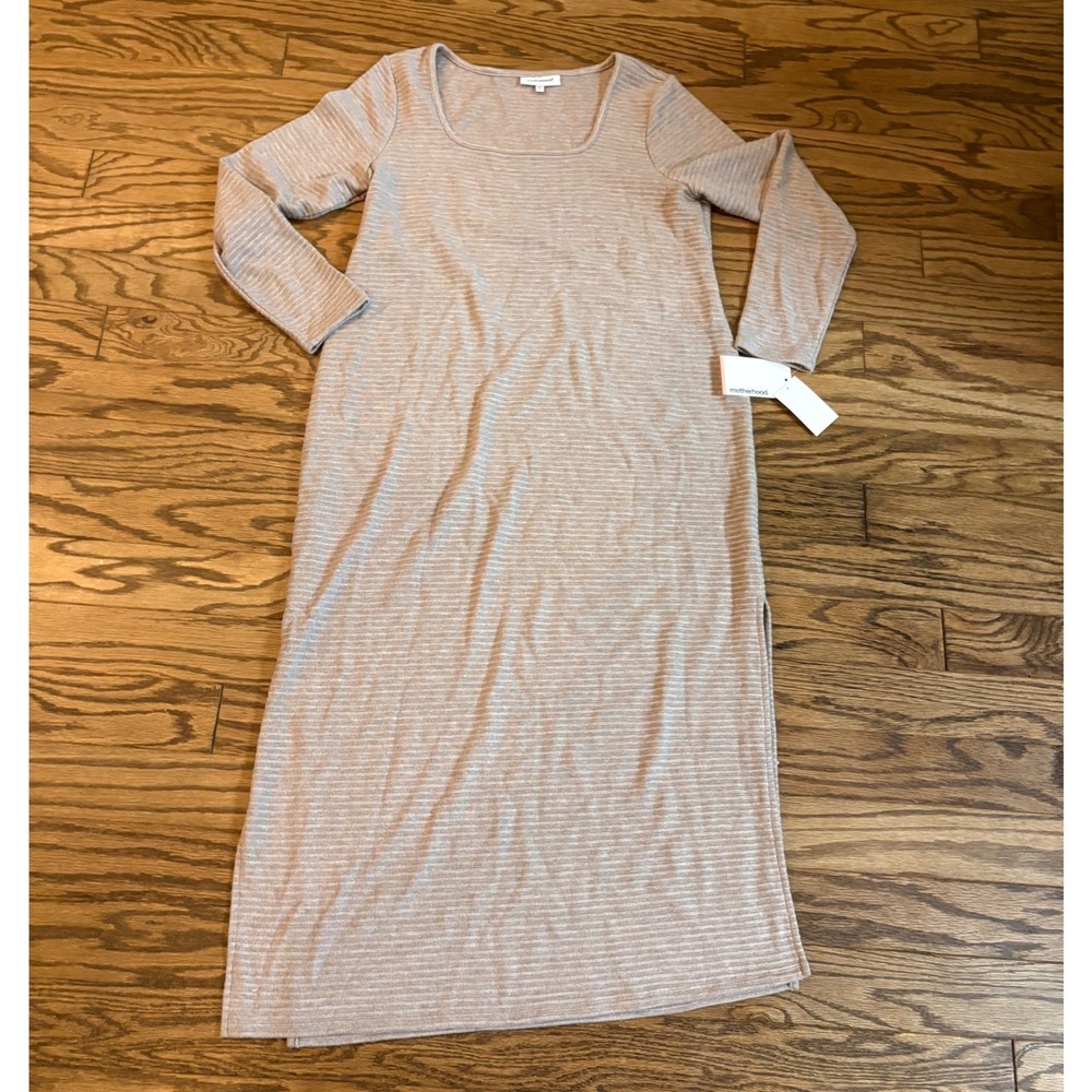 Motherhood Maternity Sweater Dress XL Beige Rib Knit Long Sleeve Midi NEW